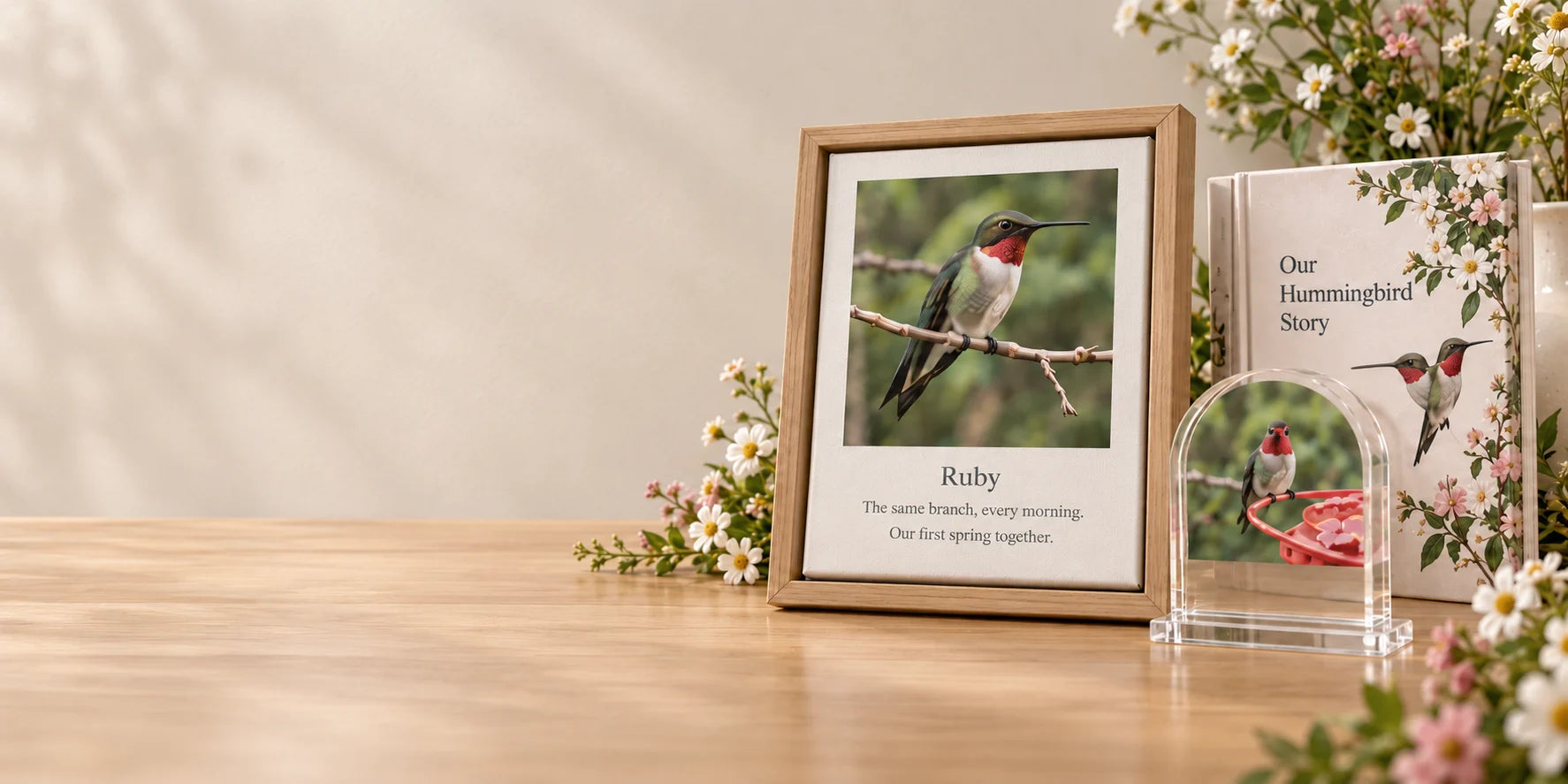 Illustrated example of a personalized floating canvas, acrylic keepsake and photo book on a sunlit tabletop
