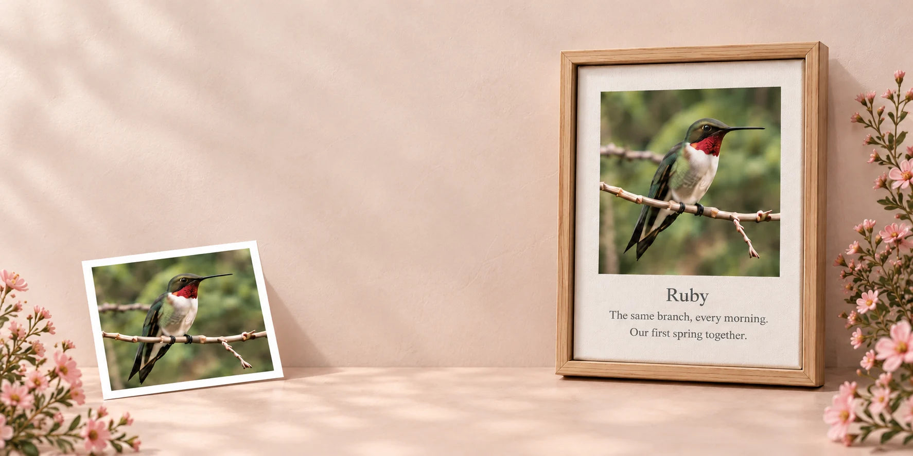 Example source photo on the left leading to a pine floating canvas on the right, personalized with Ruby, The same branch every morning, and Our first spring together